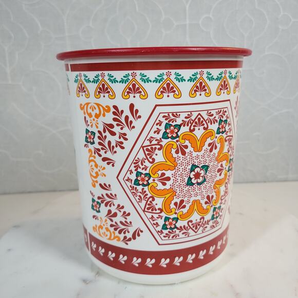 VINTGE Tupperware One Touch Canister Red Lidded Orange Rosemaling Tole Red 90s - Picture 11 of 14